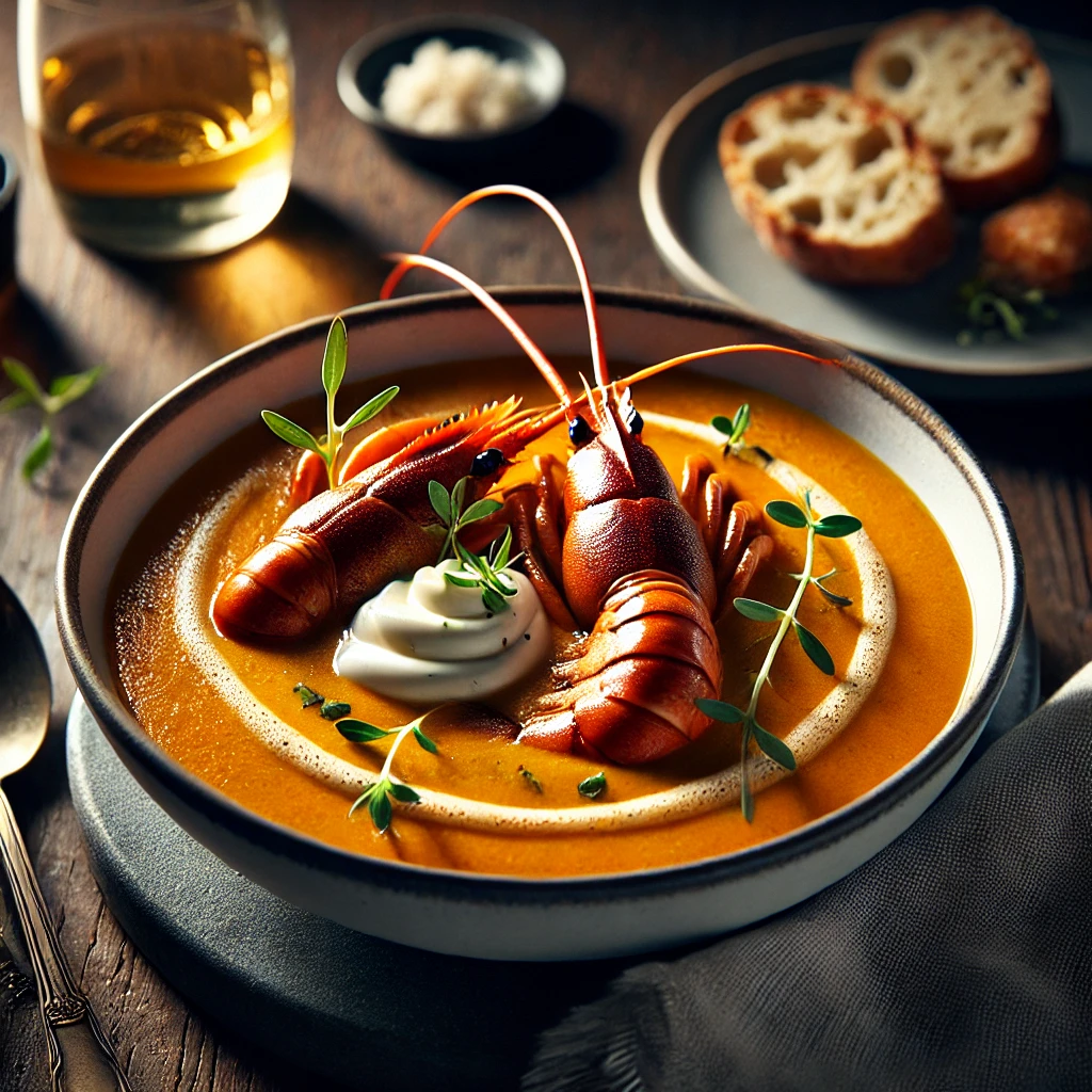 Luxe bisque van langoustines, geserveerd in een witte kom met gebakken langoustinestaarten, een quenelle van opgeklopte room, en gegarneerd met sakuracress, gepresenteerd op een donker rustieke houten tafel met een glas witte wijn en knapperig brood erbij in warm natuurlijk licht.