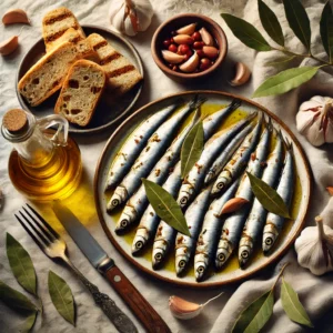 Een rustieke en mediterraans geïnspireerde presentatie van Boquerones, met gemarineerde ansjovisfilets netjes gerangschikt op een bord, besprenkeld met olijfolie en gegarneerd met laurierblaadjes en knoflook. De setting bevat een klein kommetje rode wijnazijn, verse broodplakjes en een licht, zomers tafelkleed, wat zorgt voor een casual en uitnodigende sfeer die doet denken aan warme Spaanse dagen.