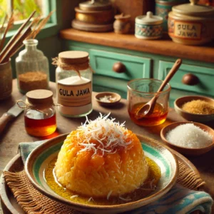 Een warme en smakelijke foto van Oosterse kleefrijst met Gula Jawa (palmsuiker) en kokos, geserveerd op een rustiek keramisch bord. De kleefrijst is goudbruin van de gesmolten palmsuiker, gegarneerd met vers geraspte kokos en een scheutje siroop. De setting toont een gezellige keuken met houten werkbladen, pastelgroene en blauwe kastjes, en zacht natuurlijk licht dat door een raam valt. Details zoals een schaaltje geraspte kokos, een potje Gula Jawa en rustiek keukengerei versterken de uitnodigende en huiselijke sfeer.