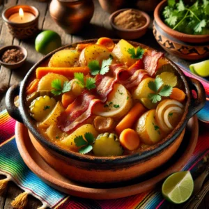 Een rustiek Mexicaans geïnspireerd boerenpotje, geserveerd in een aardewerken pot. Het gerecht bevat lagen mals varkensvlees, gerookt spek, plakjes aardappel, wortel, ui en augurk. De bovenkant is goudbruin en licht krokant, gegarneerd met verse koriander en partjes limoen. De tafel is versierd met kleurrijke Mexicaanse textielpatronen, houten elementen en warm sfeervol licht, wat zorgt voor een uitnodigende presentatie. 🌶️🍲✨