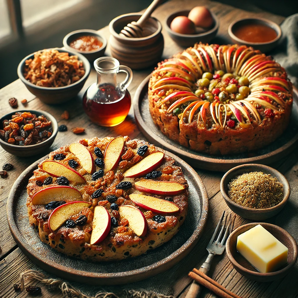 Een rustieke presentatie van traditionele Hollandse boffers en groenteboffers, geserveerd op twee houten borden. De zoete boffers zijn goudbruin, bestrooid met kaneel, rozijnen en dunne appelschijfjes. De hartige groenteboffers tonen stukjes rode paprika, geraspte wortel en kruiden. Naast de borden staan kleine kommetjes met boter, stroop en een hartige dip op een rustieke houten tafel, verlicht door zacht, warm licht. 🍎🥕✨
