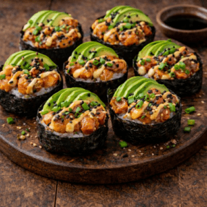Bite-sized nori cups gevuld met sushirijst, gemarineerde zalm, avocado, bosui, zwarte sesamzaadjes en pittige mayo, geserveerd op een rustieke houten tafel.