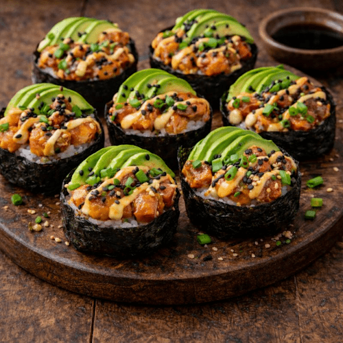 Bite-sized nori cups gevuld met sushirijst, gemarineerde zalm, avocado, bosui, zwarte sesamzaadjes en pittige mayo, geserveerd op een rustieke houten tafel.
