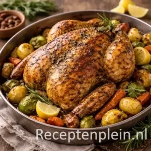 Perfect geroosterde kruidenkip in een ronde braadpan met goudbruine kip, omringd door geroosterde aardappelen, wortelen, spruitjes en citroenpartjes, geserveerd op een rustieke houten tafel met rozemarijn en een linnen doek bij warm natuurlijk licht.