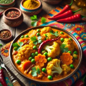 Pittige bloemkoolcurry met malse bloemkoolroosjes, plakjes wortel en groene tuinerwten, gesmoord in een kruidige saus van komijn, koriander, garam masala en yoghurt. Het gerecht is gegarneerd met verse koriander en een schijfje rode peper voor extra pit. Een rijk en smaakvol gerecht.