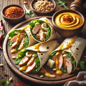Een rustieke houten tafel met pittige kip carpaccio wraps, besprenkeld met kerriemayonaise. De wraps zijn in hapklare stukken gesneden en tonen lagen gebraden kip, verse rucola, geroosterde pijnboompitten en Parmezaanse kaas in een zachte tortilla. Ernaast staan een schaaltje kerriemayonaise, extra pijnboompitten en een snufje chilivlokken.