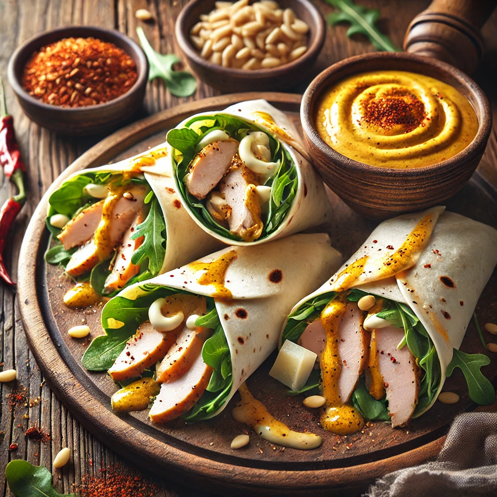 Een rustieke houten tafel met pittige kip carpaccio wraps, besprenkeld met kerriemayonaise. De wraps zijn in hapklare stukken gesneden en tonen lagen gebraden kip, verse rucola, geroosterde pijnboompitten en Parmezaanse kaas in een zachte tortilla. Ernaast staan een schaaltje kerriemayonaise, extra pijnboompitten en een snufje chilivlokken.