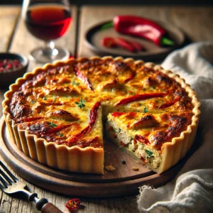 Pittige kip quiche met een goudbruine, knapperige korst, gevuld met gekruide kip, paprika en romige vulling, geserveerd op een houten snijplank met een stukje uitgesneden.