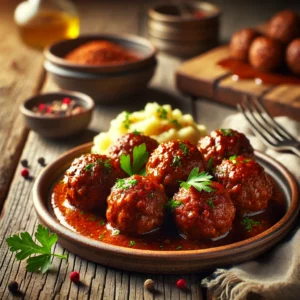 Een realistische foto van pittige rundergehaktballen met kruidige jus, geserveerd op een rustiek keramieken bord op een doorleefde houten tafel. De goudbruine, perfect gebakken gehaktballen zijn omhuld met een dikke, aromatische saus vol warme specerijen. Een snufje verse peterselie zorgt voor een frisse kleur. Ernaast ligt een bijgerecht van romige aardappelpuree of rustiek brood. Op de achtergrond ligt een houten snijplank met extra gehaktballen en een schaaltje saus, subtiel vervaagd. Zacht natuurlijk licht benadrukt de texturen en kleuren, wat zorgt voor een uitnodigende, gastronomische uitstraling.