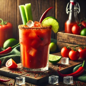 Een prachtig gepresenteerde zelfgemaakte Bloody Mary-cocktail, geserveerd in een hoog glas gevuld met crushed ijs en helderrode tomatensap. Het glas is gegarneerd met een schijfje limoen en een selderijstengel, tegen een warme, rustieke achtergrond met houten texturen, verse tomaten, chilipepers en groene kruiden.