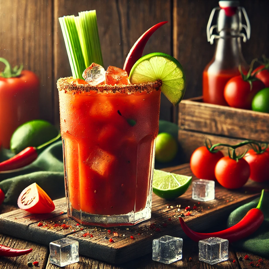 Een prachtig gepresenteerde zelfgemaakte Bloody Mary-cocktail, geserveerd in een hoog glas gevuld met crushed ijs en helderrode tomatensap. Het glas is gegarneerd met een schijfje limoen en een selderijstengel, tegen een warme, rustieke achtergrond met houten texturen, verse tomaten, chilipepers en groene kruiden.