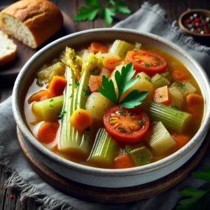 Portugese bleekselderijstoofpot met malse stukjes bleekselderij, tomaten, wortels en een romige saus, geserveerd in een wit keramieken kom, gegarneerd met verse peterselie, op een donker rustieke houten tafel met een stukje knapperig brood ernaast in warm natuurlijk licht.