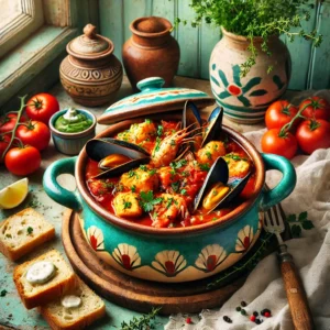 Een levendige en rustieke foto van een Provençaalse visstoofpot, geserveerd in een traditionele keramische pot. De stoofpot bevat malse stukken vis, mosselen en garnalen in een rijke tomatenbouillon, gegarneerd met verse kruiden zoals peterselie en tijm. Ernaast liggen sneetjes knapperig brood en een schaaltje aioli. De setting toont een gezellige keuken met houten werkbladen, pastelgroene en blauwe kastjes, en zacht natuurlijk licht dat door een raam valt. Rustieke keukengerei en verse tomaten versterken de uitnodigende en mediterrane sfeer.