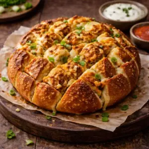 Een heerlijk borrelbrood gevuld met pulled chicken, gesmolten kaas en buffalo hot sauce, geserveerd op een rustieke houten tafel met dips in de achtergrond.