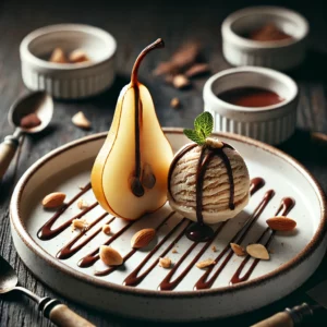 Plak bitterkoekjesijs geserveerd met halve peren en zigzaggend overgoten met chocoladesaus, gepresenteerd op een wit keramieken bord, op een donker rustieke houten tafel, gedecoreerd met een takje munt en chocoladeschilfers in zacht natuurlijk licht.