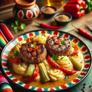 Romige bleekselderijstamppot met aardappelpuree, gekookte bleekselderij en rode paprika, geserveerd met sappige pepersteaks en een rijke uiensaus. Het gerecht is gegarneerd met versgemalen zwarte peper en een takje peterselie. Een smakelijke en vullende maaltijd.