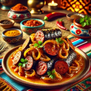 Romige bloedworst, goudbruin gebakken, geserveerd met een royale portie gekarameliseerde uien gemengd met mangochutney. Het gerecht is gegarneerd met verse peterselie voor een smaakvolle en aromatische afwerking. Een rijke en hartige combinatie.
