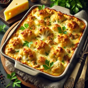 Een romige bloemkoolschotel met gehakt en kaas, geserveerd in een ovenschaal. De schotel heeft een goudbruine, knapperige kaaslaag, met zichtbare lagen van malse bloemkoolroosjes en gekruid gehakt. De ovenschaal staat op een rustieke houten tafel, omringd door verse peterselie, een stuk kaas en vintage bestek. De warme verlichting versterkt de gezellige en uitnodigende sfeer van het gerecht.