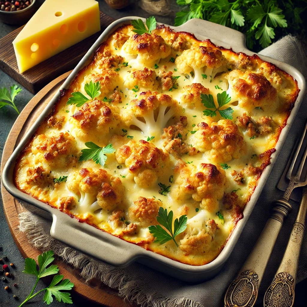 Een romige bloemkoolschotel met gehakt en kaas, geserveerd in een ovenschaal. De schotel heeft een goudbruine, knapperige kaaslaag, met zichtbare lagen van malse bloemkoolroosjes en gekruid gehakt. De ovenschaal staat op een rustieke houten tafel, omringd door verse peterselie, een stuk kaas en vintage bestek. De warme verlichting versterkt de gezellige en uitnodigende sfeer van het gerecht.
