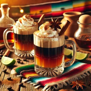 Een Mexicaans geïnspireerde presentatie van Boerenkoffie, geserveerd in rustieke glazen mokken op een houten tafel. De drank heeft een rijke mix van koffie, bier en cognac, met een romige laag slagroom bovenop. De garnering bestaat uit een vleugje kaneel en een steranijs. De setting wordt verfraaid met kleurrijke Mexicaanse textielpatronen, limoenpartjes en verspreide koffiebonen, sfeervol verlicht door warm natuurlijk licht. ☕🌟✨