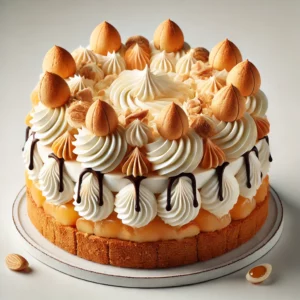en romige Bokkenpootjestaart op een witte achtergrond, bestaande uit lagen biscuitbodem, slagroom gemengd met advocaat, en royaal bedekt met gehalveerde bokkenpootjes. De taart is elegant versierd met slagroomtoefjes, advocaatdrizzle en extra bokkenpootjes." 🍰✨
