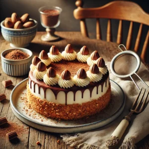Een feestelijke bokkepootjestaart met luchtige slagroomvulling en een rijke chocoladevulling, omhuld door een krokante bokkepootjeskorst. Bovenop zijn hele bokkepootjes decoratief geplaatst, met een drizzle van gesmolten chocolade voor een luxe uitstraling. Op de achtergrond een houten snijplank met extra bokkepootjes, een kommetje chocoladeganache en een fijn zeefje met cacaopoeder. De warme, natuurlijke belichting benadrukt de romige texturen en decadente smaken van deze heerlijke taart.
