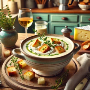 Een romige en elegante brie-wijnsoep, geserveerd in een rustieke keramische kom. De soep is licht van kleur, fluweelzacht en gegarneerd met knapperige croutons, verse tijmtakjes en een vleugje room. De setting toont een gezellige vintage keuken met houten werkbladen, pastelgroene en blauwe kastjes en zacht natuurlijk licht dat door een raam valt. Details zoals een stuk brie, een glas witte wijn en een knapperige baguette versterken de warme en uitnodigende sfeer.
