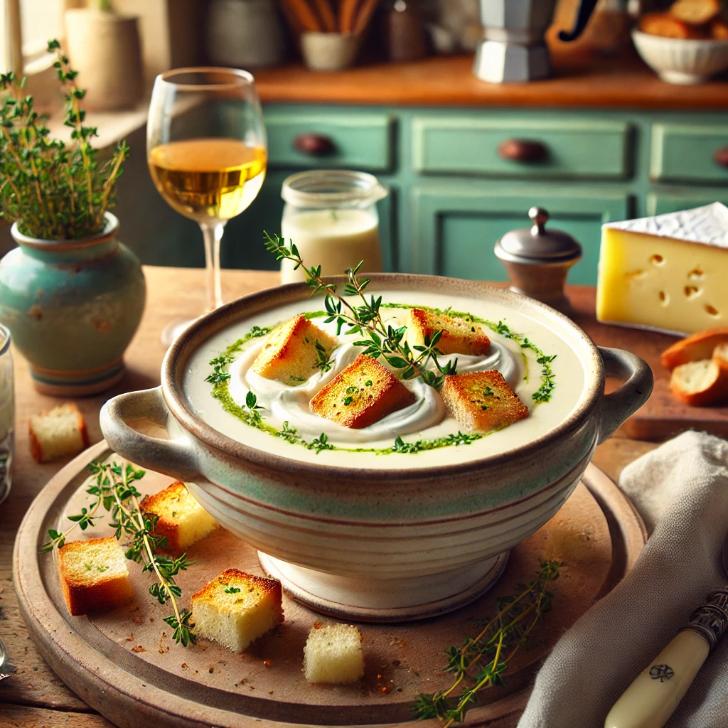 Een romige en elegante brie-wijnsoep, geserveerd in een rustieke keramische kom. De soep is licht van kleur, fluweelzacht en gegarneerd met knapperige croutons, verse tijmtakjes en een vleugje room. De setting toont een gezellige vintage keuken met houten werkbladen, pastelgroene en blauwe kastjes en zacht natuurlijk licht dat door een raam valt. Details zoals een stuk brie, een glas witte wijn en een knapperige baguette versterken de warme en uitnodigende sfeer.