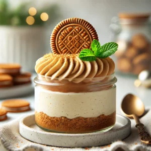 Een romige no-bake speculoos cheesecake, geserveerd in een klein glazen potje met een knapperige speculooskoekjesbodem en geswirlde speculoospasta bovenop. De cheesecake is gegarneerd met een heel speculooskoekje en een takje verse munt, in een lichte, moderne keuken met subtiele feestdecoraties en zacht natuurlijk licht.