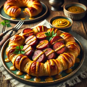 Rookworstpasteitjes met pittige mosterdsaus, geserveerd op een rustieke houten tafel met verse peterselie en een schaaltje extra saus.