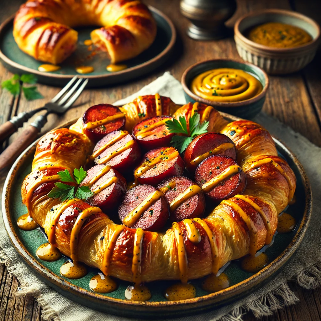 Rookworstpasteitjes met pittige mosterdsaus, geserveerd op een rustieke houten tafel met verse peterselie en een schaaltje extra saus.