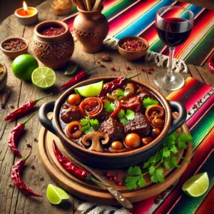 Een Mexicaans geïnspireerde presentatie van Boeuf Bourguignon, geserveerd in een rustieke aardewerken pot op een houten tafel. Het gerecht bevat malse rundvleesblokjes, krokante spekjes, zilveruitjes, champignons en een glanzende rode wijnsaus. De garnering bestaat uit verse koriander, partjes limoen en kleurrijke chilipepers. De tafel is versierd met levendige Mexicaanse textielpatronen, een glas rode wijn en rustieke houten elementen, wat zorgt voor een warme en uitnodigende sfeer. 🌶️🍲✨