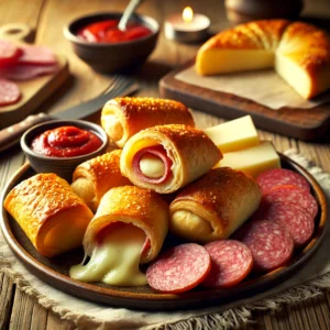 Een rustieke houten tafel met goudbruine, knapperige bladerdeegrolletjes gevuld met salami en gesmolten mozzarella, geserveerd op een keramisch bord. Ernaast liggen plakjes salami, een stuk mozzarella en een schaaltje marinara saus.