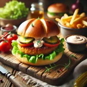 Een rustieke houten tafel met een smakelijke plantaardige smash burger, bestaande uit een knapperige, goudbruine plant-based patty, verse sla, tomaat, augurken en een romige vegan saus, geserveerd op een geroosterd briochebroodje. Ernaast liggen krokante frietjes, een schaaltje dipsaus en verse ingrediënten zoals sla en tomaten.