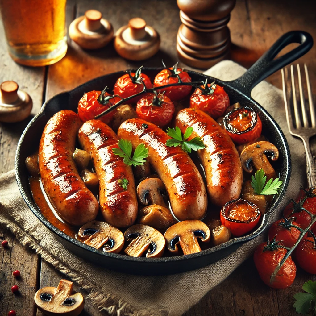 Smeuïge bierworstjes met champignons en tomaat, geserveerd in een rustieke gietijzeren pan op een houten tafel, gegarneerd met verse peterselie.