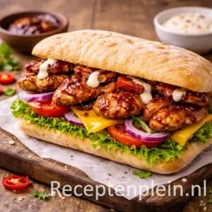 Smoky BBQ chicken ciabatta sandwich met gegrilde kip in barbecuesaus, cheddar, sla, tomaat en rode ui op een houten plank, geserveerd op een rustieke houten tafel met rode peper, sauskommetjes en een linnen doek bij warm natuurlijk licht.