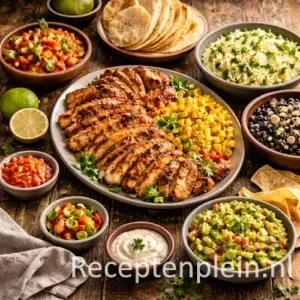 Hyper-realistische foodfoto van een Smoky Tex-Mex feestmaal met plakjes rokerig gegrilde kip op een groot bord, omringd door schaaltjes salsa, guacamole, zwarte bonen, koriander-limerijst, geroosterde maïs, tortilla’s en chips op een rustieke houten tafel in warm natuurlijk licht.