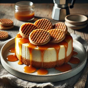 Stroopwafel cheesecake met karamelsaus, geserveerd op een rustieke houten tafel, gegarneerd met kruimels stroopwafel en poedersuiker.