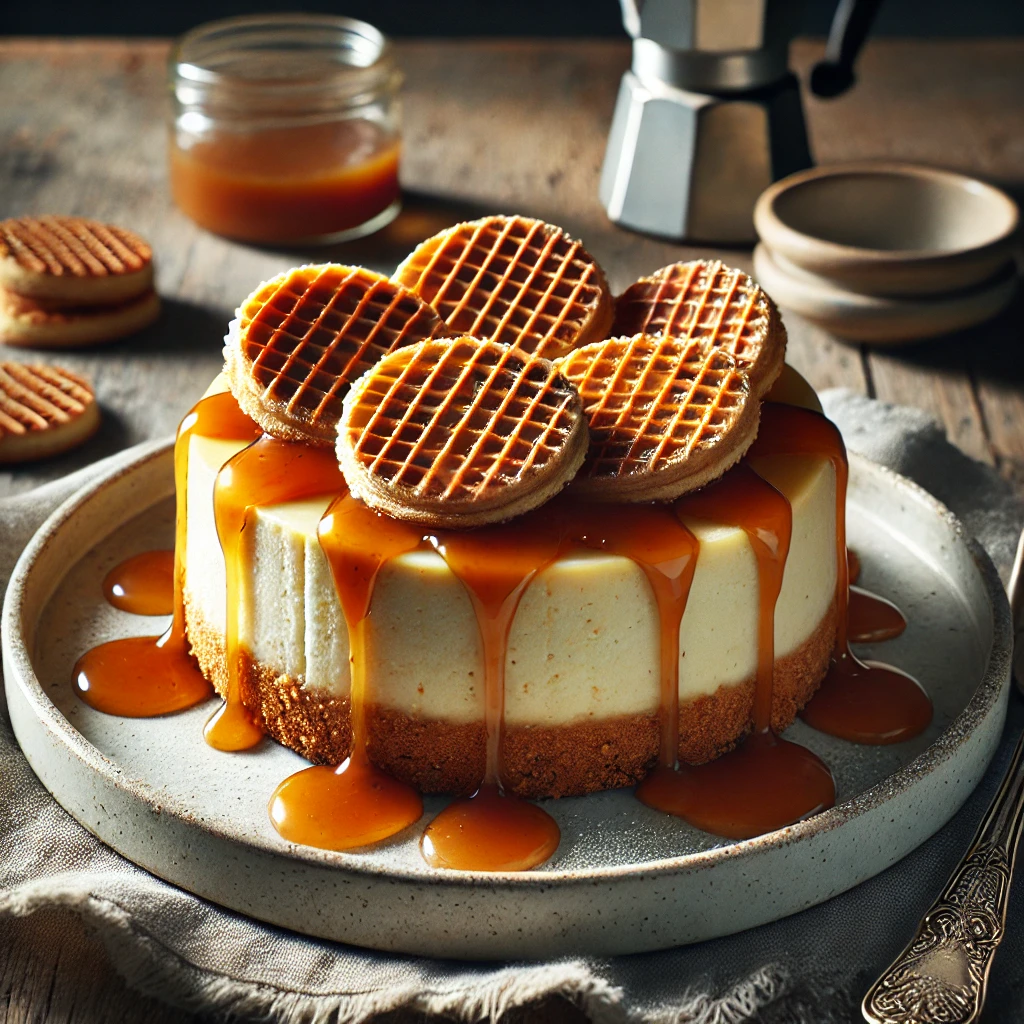 Stroopwafel cheesecake met karamelsaus, geserveerd op een rustieke houten tafel, gegarneerd met kruimels stroopwafel en poedersuiker.