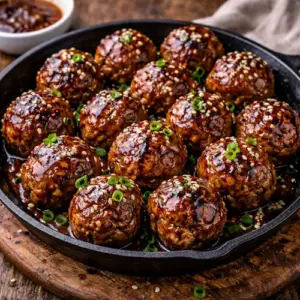 Teriyaki Gehaktballetjes van de BBQ op rustieke houten tafel