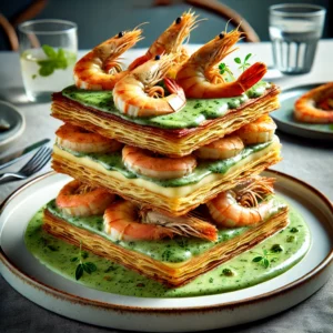 Een verfijnde hartige tompouce met gamba's en een romige groente-dragonsaus, elegant opgemaakt met krokant bladerdeeg, gegrilde garnalen en verse kruiden, geserveerd op een witte, moderne plaat in een stijlvolle eetomgeving met natuurlijk licht.