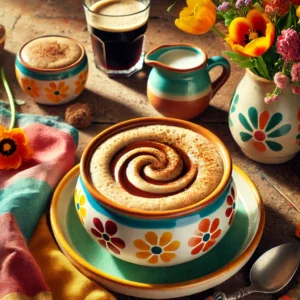 Een vrolijke presentatie van traditionele Nederlandse bierpap, geserveerd in kleurrijke keramische kommen. De romige pap heeft een subtiele swirl van donkerbruin bier. De setting straalt warmte en gezelligheid uit met levendige linnen servetten, vintage lepels, verse bloemen en zonlicht dat over een rustieke houten tafel valt. 🌼🍲✨