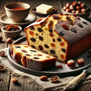 Traditionele Hollandse boffert, geserveerd in dikke plakken op een rustieke houten tafel. De cake is goudbruin met zichtbare stukjes rozijnen, krenten, gedroogde vijgen en hazelnoten, en heeft een zachte, vochtige textuur. Een lichte bestuiving van kaneel en poedersuiker siert de bovenkant. Naast de plakken staat een schaaltje romige boter en een warme kop thee, met hazelnoten en gedroogd fruit verspreid rond de setting voor een gezellige, uitnodigende sfeer. 🍰✨