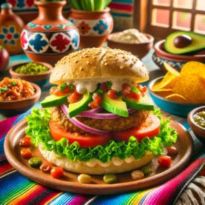 Mexicaans gepresenteerde bonenburgers, geserveerd op volkoren broodjes met toppings zoals sla, tomaat, rode ui en plakjes avocado, afgewerkt met een pittige chipotle-mayonaise. Het bord is gedecoreerd met kleurrijke Mexicaanse textiel, een portie tortillachips en een schaaltje guacamole. De achtergrond toont een feestelijke Mexicaanse keuken met terracottategels, traditioneel aardewerk en helder natuurlijk licht, wat zorgt voor een levendige en warme sfeer.