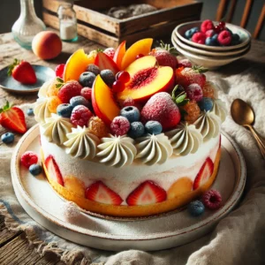 Verfijnde slagroomijs cake met zomerfruit, geserveerd op een rustieke houten tafel, gegarneerd met aardbeien, frambozen, bosbessen en perzik.