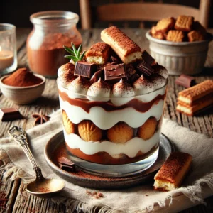 Chocolademelk kruidnoten tiramisu, geserveerd in een glas op een rustieke houten tafel, gegarneerd met cacao, gesmolten chocolade en kruidnoten.