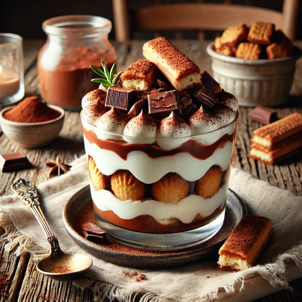 Chocolademelk kruidnoten tiramisu, geserveerd in een glas op een rustieke houten tafel, gegarneerd met cacao, gesmolten chocolade en kruidnoten.