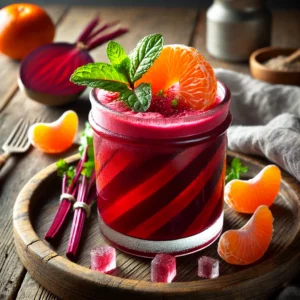 Verfrissend bieten-mandarijnensap met mierikswortel, geserveerd in een glas op een rustieke houten tafel, gegarneerd met munt en mandarijnschijfjes.