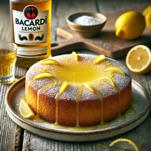 Een realistische foto van een verfrissende Bacardi citroencake, geserveerd op een rustiek keramieken bord op een doorleefde houten tafel. De goudbruine, sappige cake is doordrenkt met Bacardi rum en verse citroenrasp, wat zorgt voor een perfecte balans tussen zoet en friszuur. Een lichte glazuurlaag druipt over de bovenkant en geeft een glanzende afwerking. Dunne schijfjes citroen en een vleugje poedersuiker verfraaien de presentatie. Op de achtergrond ligt een houten snijplank met extra citroenpartjes en een klein glas Bacardi rum, subtiel vervaagd. Zacht natuurlijk licht benadrukt de texturen en kleuren, wat zorgt voor een uitnodigende, gastronomische uitstraling.