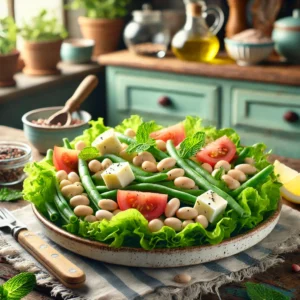Een kleurrijke en verse bonensalade, geserveerd op een rustiek keramisch bord. De salade bevat sperziebonen, witte bonen, tomaatstukjes, Deense kaasblokjes en muntblaadjes op een bed van knapperige kropsla. Een lichte dressing van citroen en olie glinstert over de ingrediënten. De setting toont een rustieke houten tafel in een gezellige keuken met pastelgroene en blauwe kastjes, zacht natuurlijk licht en details zoals een schijfje citroen, een klein potje dressing en rustieke keukengerei.